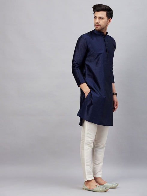Men's Navy Blue Woven Kurta With Pant Set